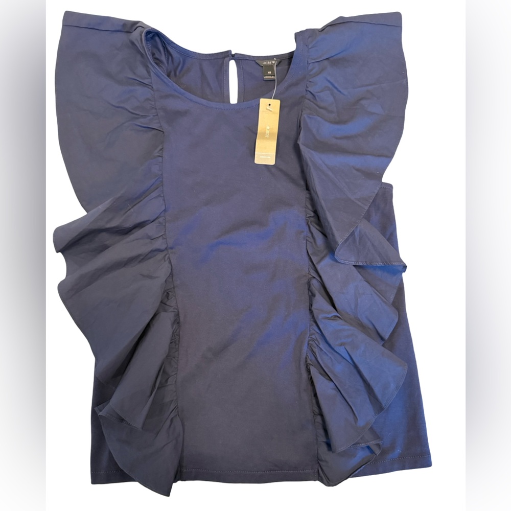 J.Crew Peplum Blouse Flutter Sleeveless Navy Blue XS 100% cotton